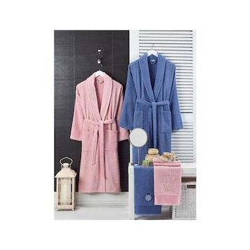 Elmira Textile 4 Parça %100 Lacivert Pembe Kadın Erkek Havlulu Bornoz Takımı