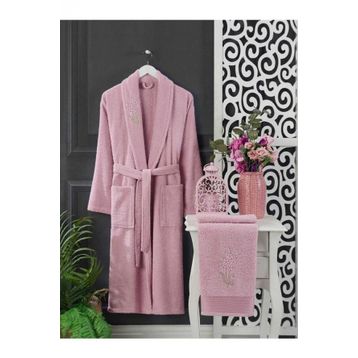 Elmira Textile 4 Parça %100 Pembe Gri Kadın Erkek Havlulu Bornoz Takımı