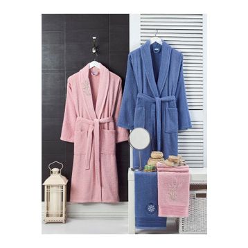 Elmira Textile 4 Parça Lacivert Pembe Kadın Erkek Havlulu Bornoz Takımı