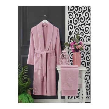 Elmira Textile 4 Parça Pembe Gri Kadın Erkek Havlulu Bornoz Takımı