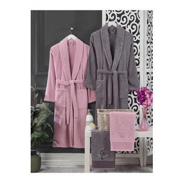 Elmira Textile 4 Parça Pembe Gri Kadın Erkek Havlulu Bornoz Takımı