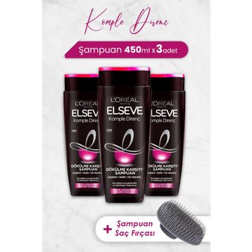 Elseve 3x450 ml Komple Direnç Dökülme Karşıtı Şampuan ve Pembe Masaj Şampuan Fırçası