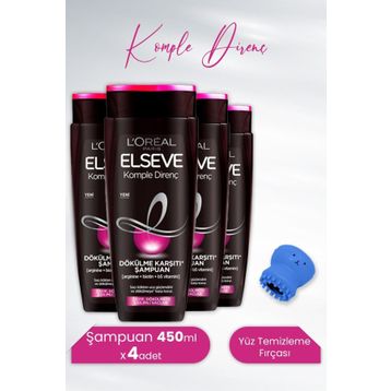 Elseve Komple Direnç 4x450 ML Dökülme Karşıtı Şampuan + Lionesse Ahtapot Mavi Yüz Temizleme Fırçası
