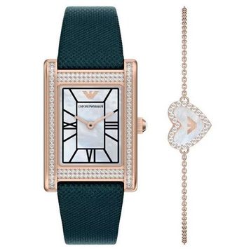 Emporio Armani Ar80085set Yeşil Deri Kadın Kol Saati Ve Bileklik Seti