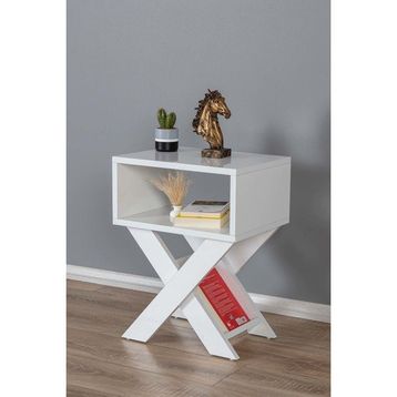 Enda Home X Ayaklı Dergilikli Başucu Komodin Yan Sehpa Parlak Beyaz Yan Sehpa