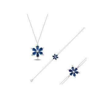 Enesstore 925 Ayar Lotus Çiçeği Safir Taşlı Gümüş Kolye Bileklik Set