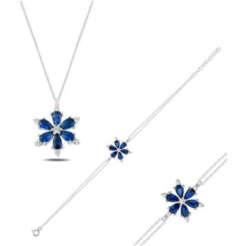 Enesstore 925 Ayar Lotus Çiçeği Safir Taşlı Gümüş Kolye Bileklik Set