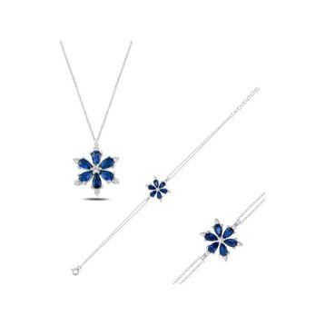 Enesstore 925 Ayar Lotus Çiçeği Safir Taşlı Gümüş Kolye Bileklik Set