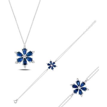 Enesstore 925 Ayar Lotus Çiçeği Safir Taşlı Gümüş Kolye Bileklik Set