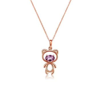 Enesstore Ayıcık Gümüş Minik Rose Renk Mor Taşlı Kadın Kolye