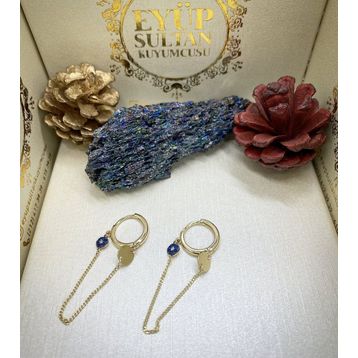 Engin Gold 14 Ayar Altın Mavi Taşlı Sallantılı Küpe