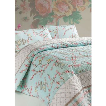 Eponj Home Birdcage Turkuaz Kapitone Çift Kişilik Yatak Örtüsü Takımı