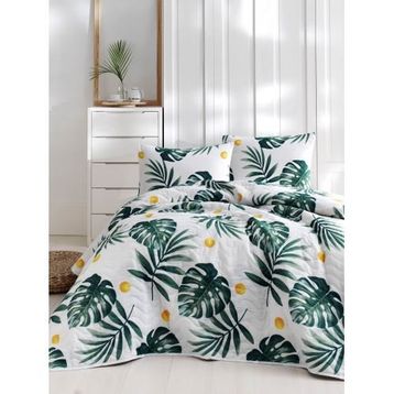 Eponj Home Kapitone Çift Kişilik Monstera Yeşil Yatak Örtüsü Seti