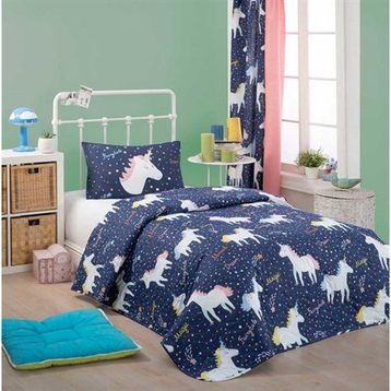 Eponj Home Kapitone Tek Kişilik Magicunicorn Lacivert Yatak Örtüsü Seti