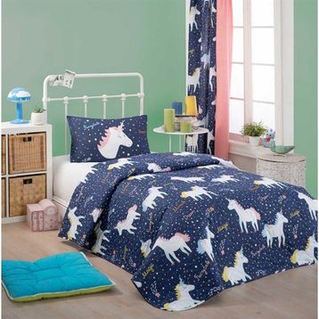 Eponj Home Kapitone Tek Kişilik Magicunicorn Lacivert Yatak Örtüsü Seti