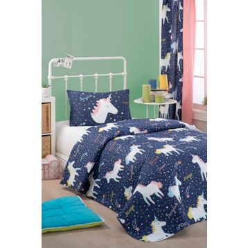 Eponj Home Kapitone Tek Kişilik Magicunicorn Lacivert Yatak Örtüsü Seti