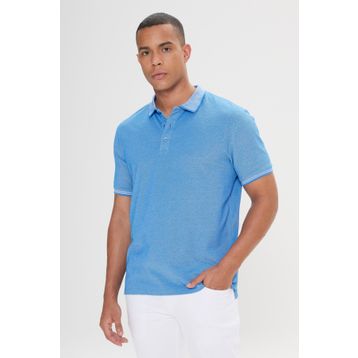 Erkek Çekmeyen Pamuklu Kumaş Slim Fit Dar Kesim Saks-Beyaz Kıvrılmaz Polo Yaka Tişört