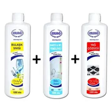Ersağ 1000 ml Bahar Kokulu Banyo Wc Temizleyici + 1000 ml Bulaşık Sıvısı + 1000 ml Yağ Çözücü