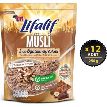 Eti 250 gr Lifalif İnce Öğütülmüş Yulaflı Fındıklı Kakao Çekirdekli Kakaolu Müsli (12 adet)