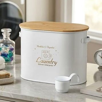 Evidea Bath 12 lt Beyaz 2 Bölmeli Ahşap Kapaklı Metal Deterjan Kutusu