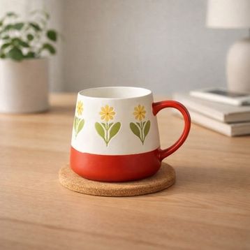 Evidea Kitchen Sarı Çiçekli Beyaz 500 ml Seramik Kupa