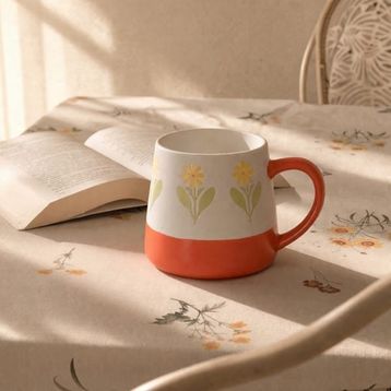 Evidea Kitchen Sarı Çiçekli Beyaz 500 ml Seramik Kupa