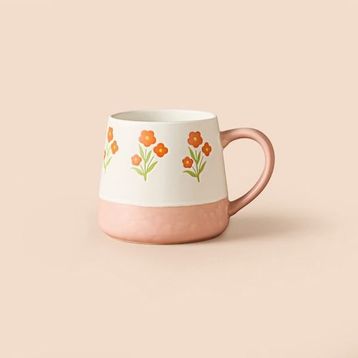 Evidea Kitchen Turuncu Çiçekli Beyaz 500 ml Seramik Kupa