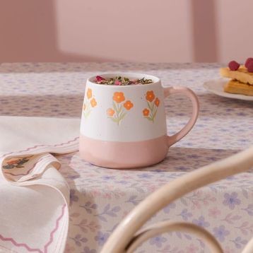 Evidea Kitchen Turuncu Çiçekli Beyaz 500 ml Seramik Kupa