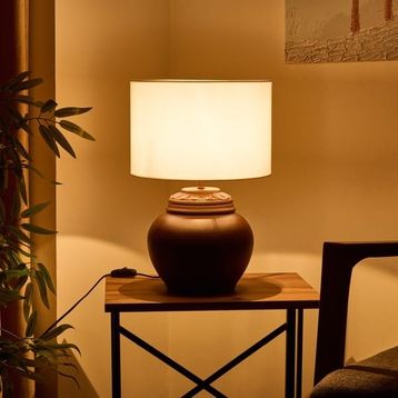 Evidea Lighting Kahverengi Krem 50 cm Çiçekli Kapaklı Abajur