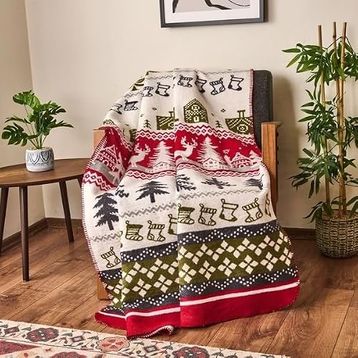 Evidea Soft Nordic Kırmızı Yeşil 130x170 cm Pamuklu TV Battaniyesi