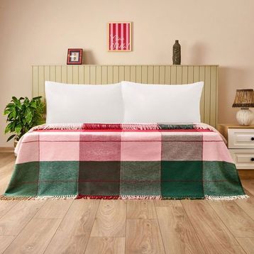Evidea Soft Vintera Kırmızı Yeşil 180x220 cm Pamuklu Çift Kişilik Battaniye