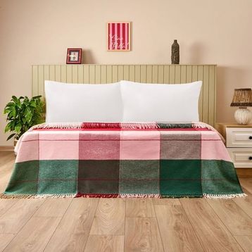 Evidea Soft Vintera Kırmızı Yeşil 180x220 cm Pamuklu Çift Kişilik Battaniye