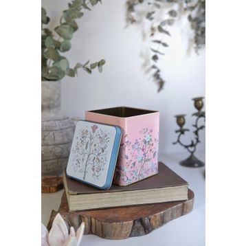 Evle ER024-1G Botanica Pink Desenli Kare Metal Saklama Kabı