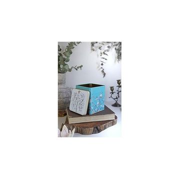 Evle ER024-9F Botanica Blue Desenli Kare Metal 12x12 CM Saklama Kabı