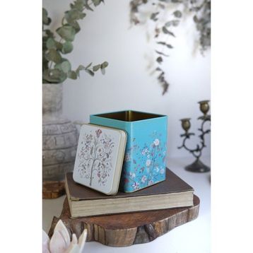 Evle ER024-9F Botanica Blue Desenli Kare Metal 12x12 CM Saklama Kabı