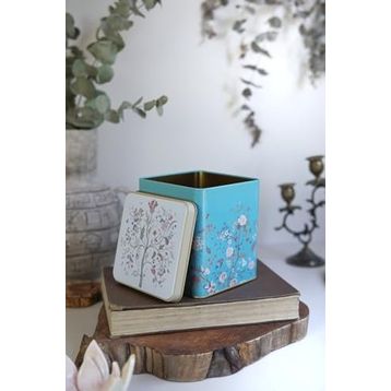 Evle ER024-9F Botanica Blue Desenli Kare Metal 12x12 CM Saklama Kabı