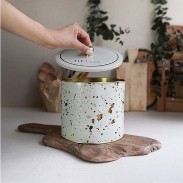 Evle ER146-9G Terrazzo Cream Desenli Yuvarlak Metal Saklama Kabı