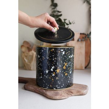 Evle ER147-1H Terrazzo Black Desenli Yuvarlak Metal Saklama Kabı