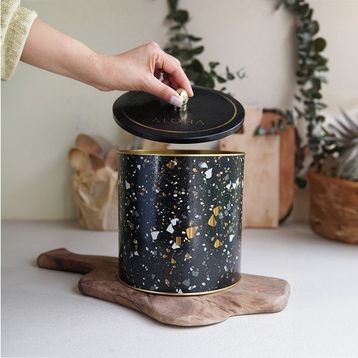 Evle ER147-1H Terrazzo Black Desenli Yuvarlak Metal Saklama Kabı