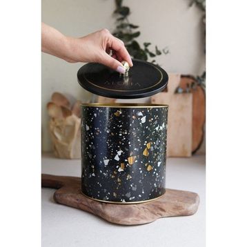 Evle ER147-1H Terrazzo Black Desenli Yuvarlak Metal Saklama Kabı