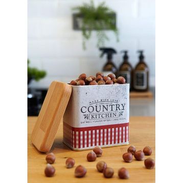 Evle ER212-7O Country Kitchen Desenli 11x15 cm Ahşap Kapaklı Oval Metal Saklama Kabı