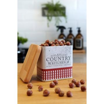 Evle ER212-7O Country Kitchen Desenli 11x15 cm Ahşap Kapaklı Oval Metal Saklama Kabı