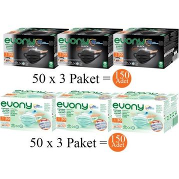 Evony 3 Katlı Yumuşak Elastik Kulaklı 150 Adet Yeşil+150 Adet Siyah Maske