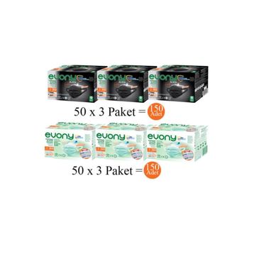 Evony 3 Katlı Yumuşak Elastik Kulaklı 150 Adet Yeşil+150 Adet Siyah Maske