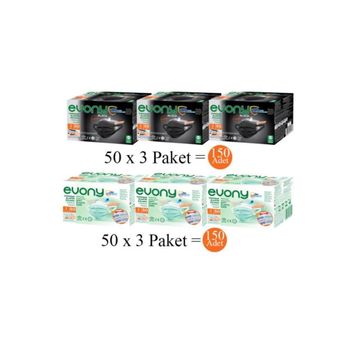 Evony 3 Katlı Yumuşak Elastik Kulaklı 150 Adet Yeşil+150 Adet Siyah Maske