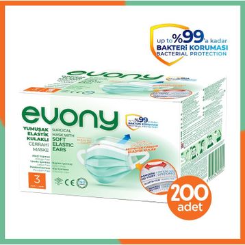 Evony 3 Katlı Yumuşak Elastik Kulaklı 200 Adet Maske