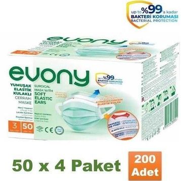 Evony 3 Katlı Yumuşak Elastik Kulaklı 200 Adet Maske