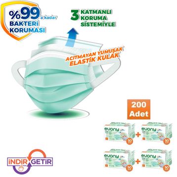 Evony 3 Katlı Yumuşak Elastik Kulaklı 200 Adet Maske