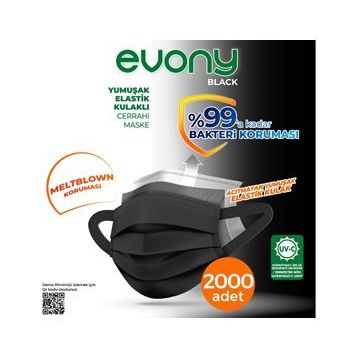 Evony 3 Katlı Yumuşak Elastik Kulaklı 2000 Adet Siyah Maske