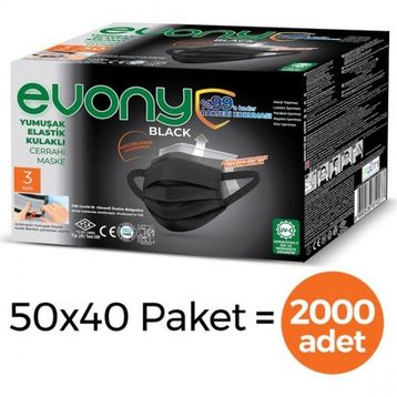 Evony 3 Katlı Yumuşak Elastik Kulaklı 2000 Adet Siyah Maske
